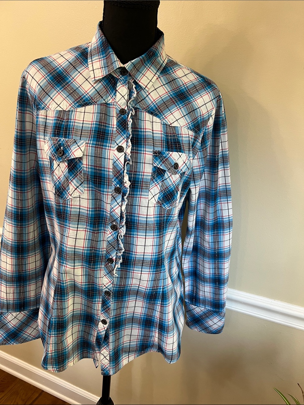 Gap Ladies Blue Plaid Ruffled Button-Up Shirt